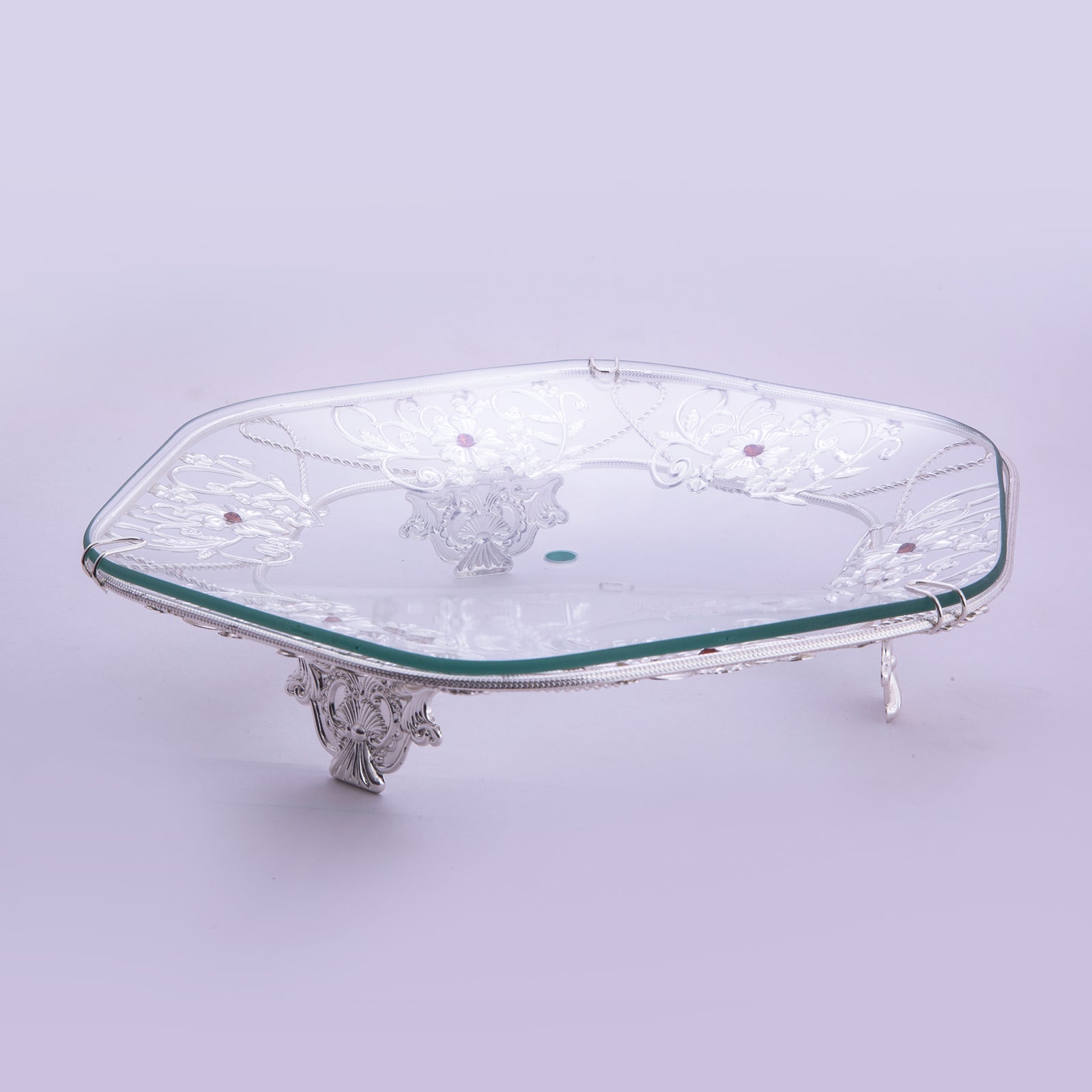 Dish, Glass,  Ornate flowers, Handle, Legs, 10.5” dia - Barton,Son & Co.